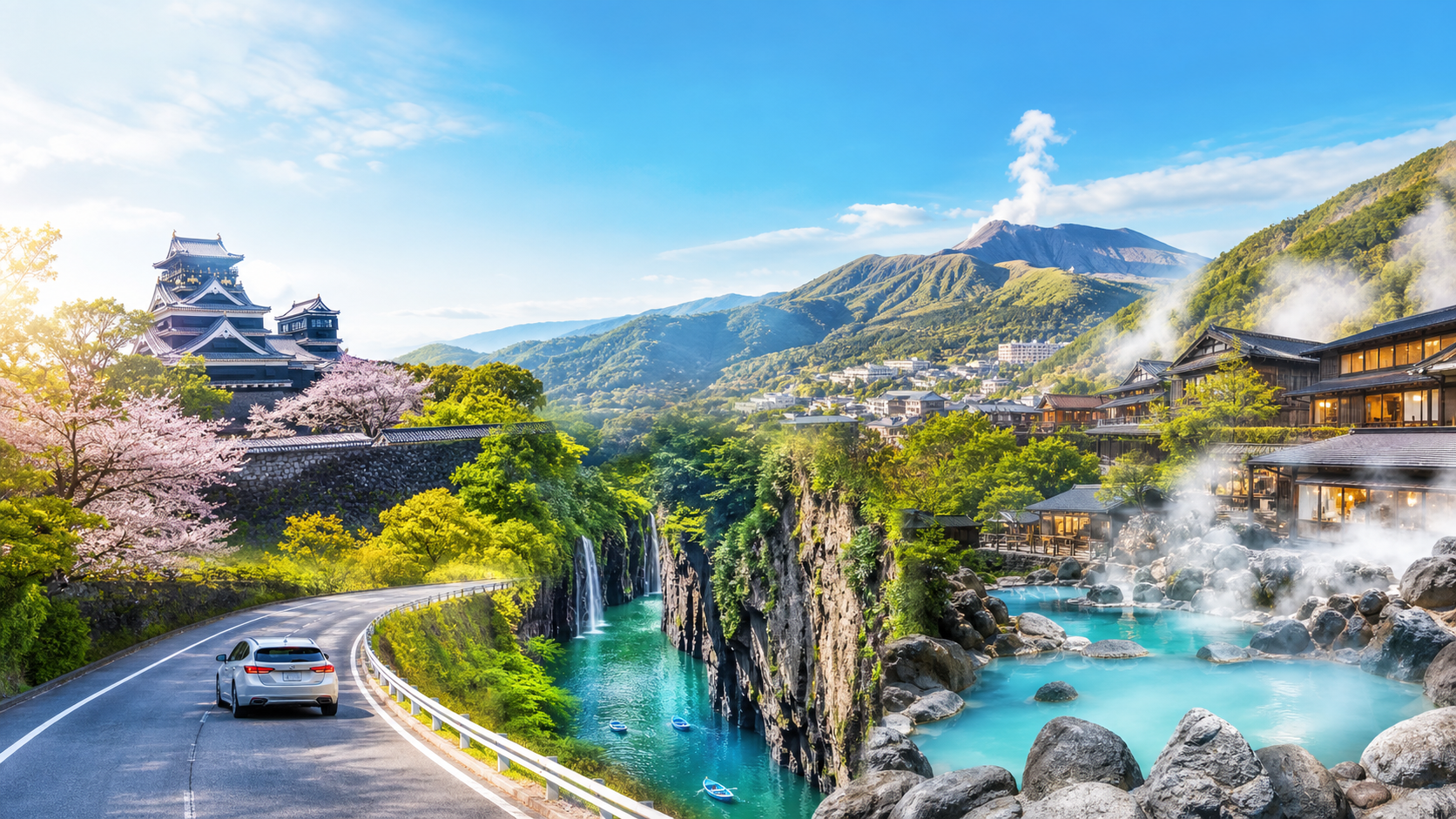 青空、温泉、渓谷、熊本城を重ねた爽快な旅の風景